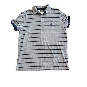 Nautica Mens Gray & Navy Striped Polo Shirt XL